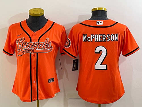Women's Cincinnati Bengals #2 Evan McPherson Orange With Patch Cool Base Stitched Baseball Jersey(Run Small)